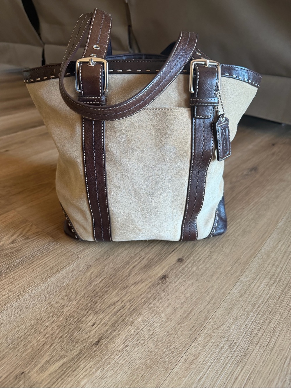 Coach Hampton Beige Suede Tote with Brown Leather Trim F-12622